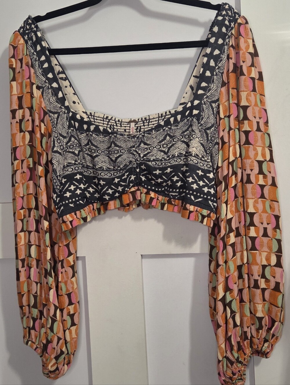 Free People - Black Bodice Multicolor Geometric Balloon-Sleeve Crop Top